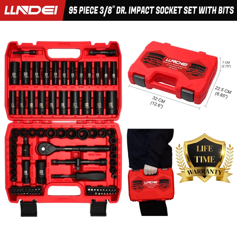 LLNDEI 3/8?rive Impact Socket Set Standard SAE(5/16 to 3/4-Inch) Metric Size(8-22mm)  95 Piece  CR-V Steel Deep&Shallow Kit  Adapters  Ratchet Handle  Screwdriver Bit Set  Spark Plug Socket  6 Point - Image 3